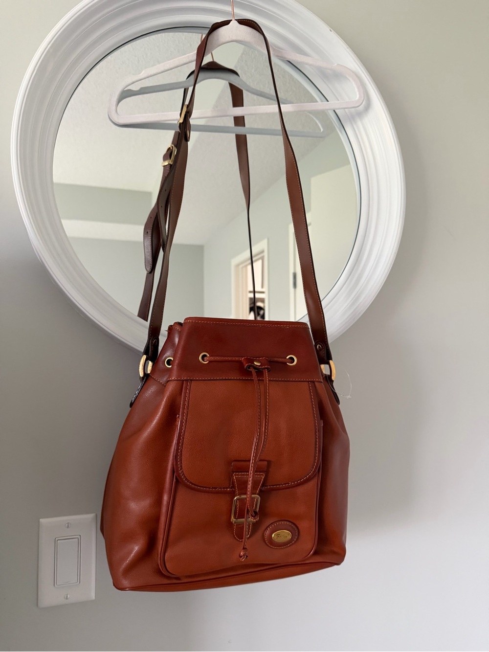 Vintage Fabio 90s Cognac Italian Leather Drawstring Bucket Crossbody Bag